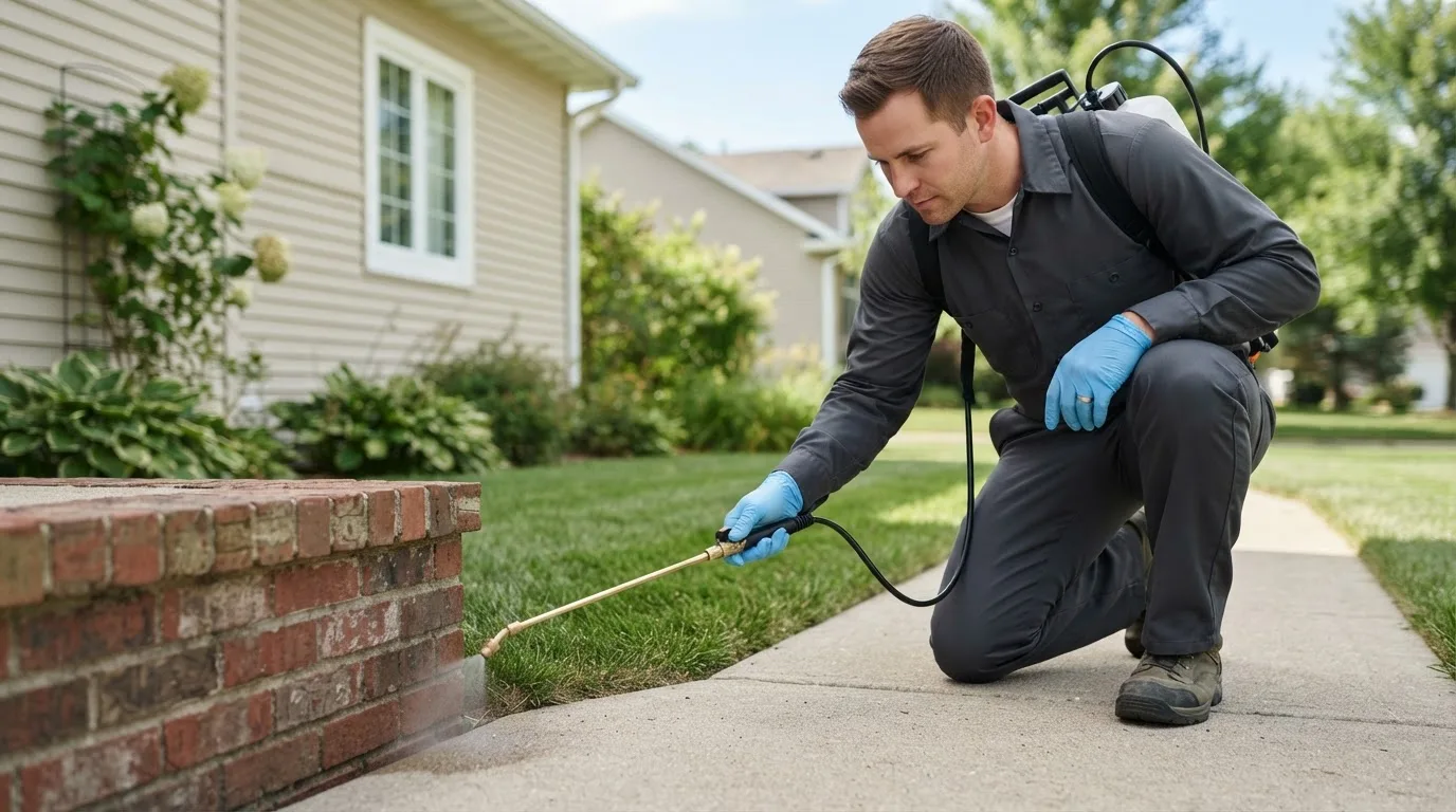 Pest control technician treating a home near Carrington, ND
